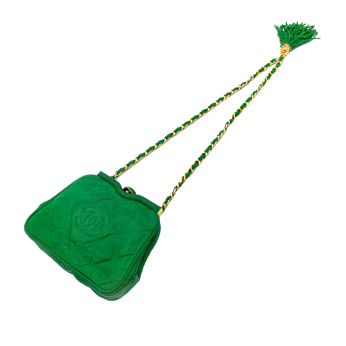 CHANEL VINTAGE MINI FRINGE CHAIN WAIST BAG GREEN LAMB SKIN 90257275