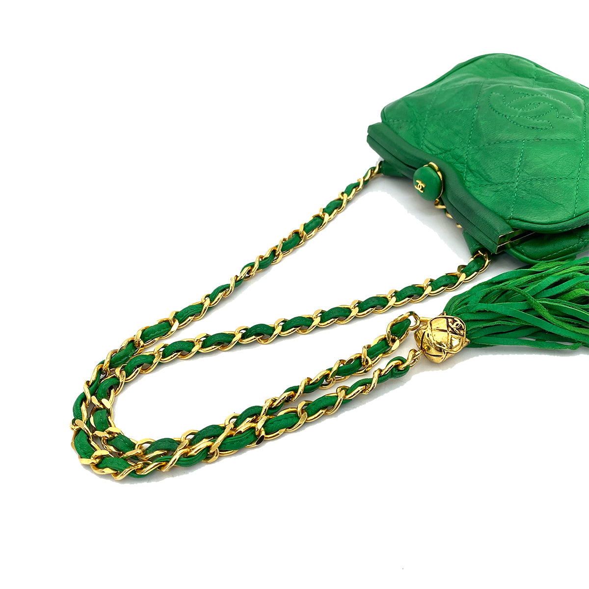 CHANEL VINTAGE MINI FRINGE CHAIN WAIST BAG GREEN LAMB SKIN 90257275