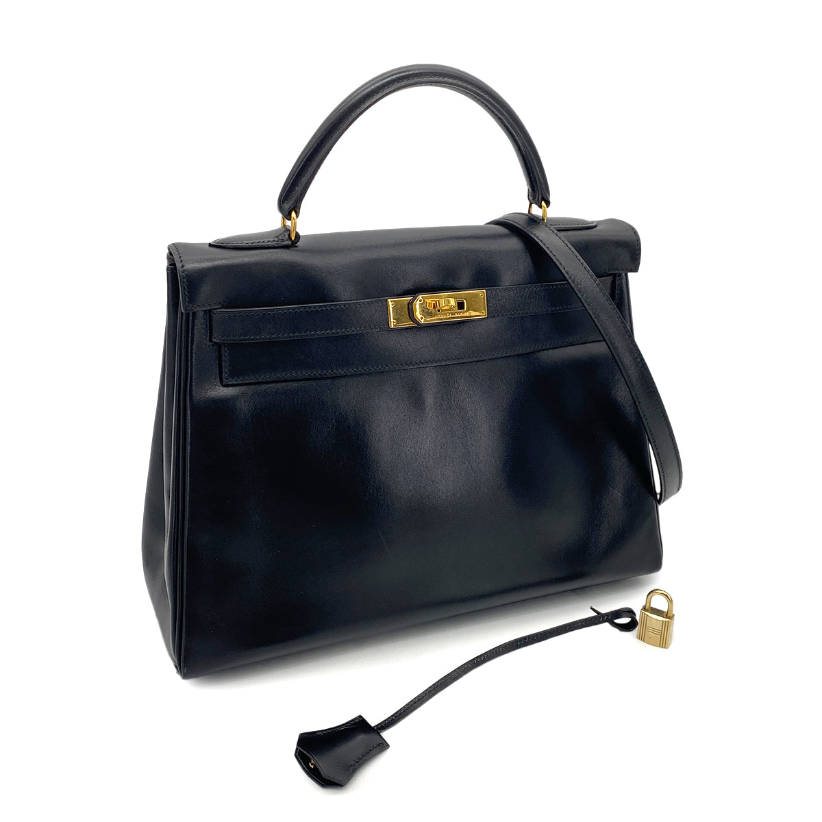 HERMES KELLY 32 RETOURNE BLACK BOXCALF HAND SHOULDER BAG 〇V GHW 90255764