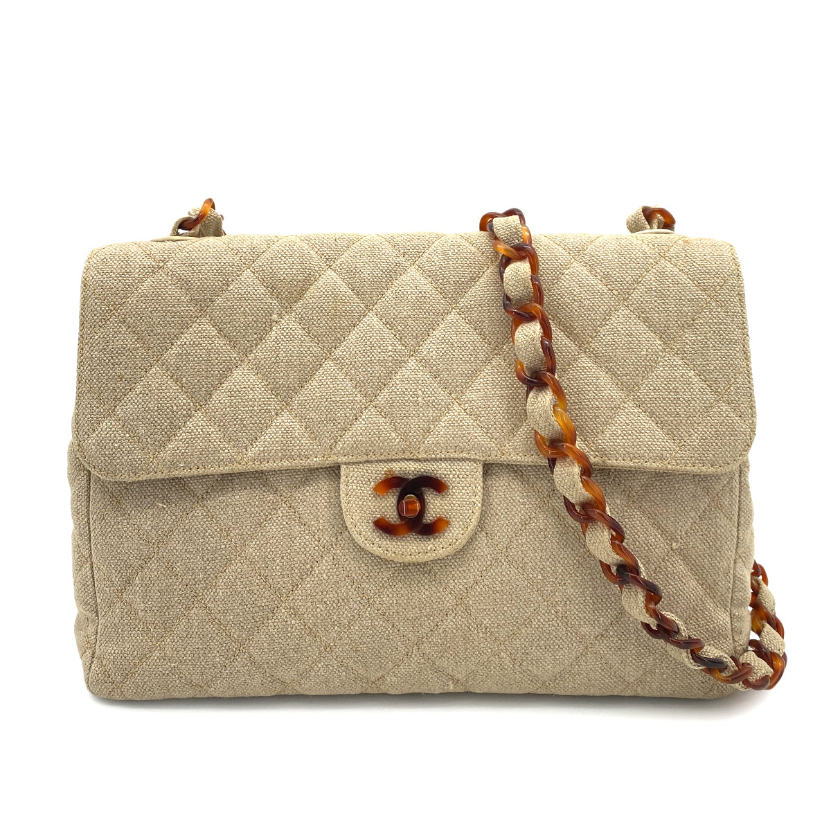 CHANEL VINTAGE TORTOISESHELL CHAIN SHOULDER BAG BEIGE CANVAS  90255783