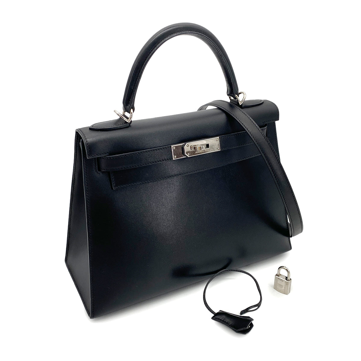 HERMES KELLY 28 SELLIER BLACK BOXCALF HAND SHOULDER BAG □G SHW 90255925