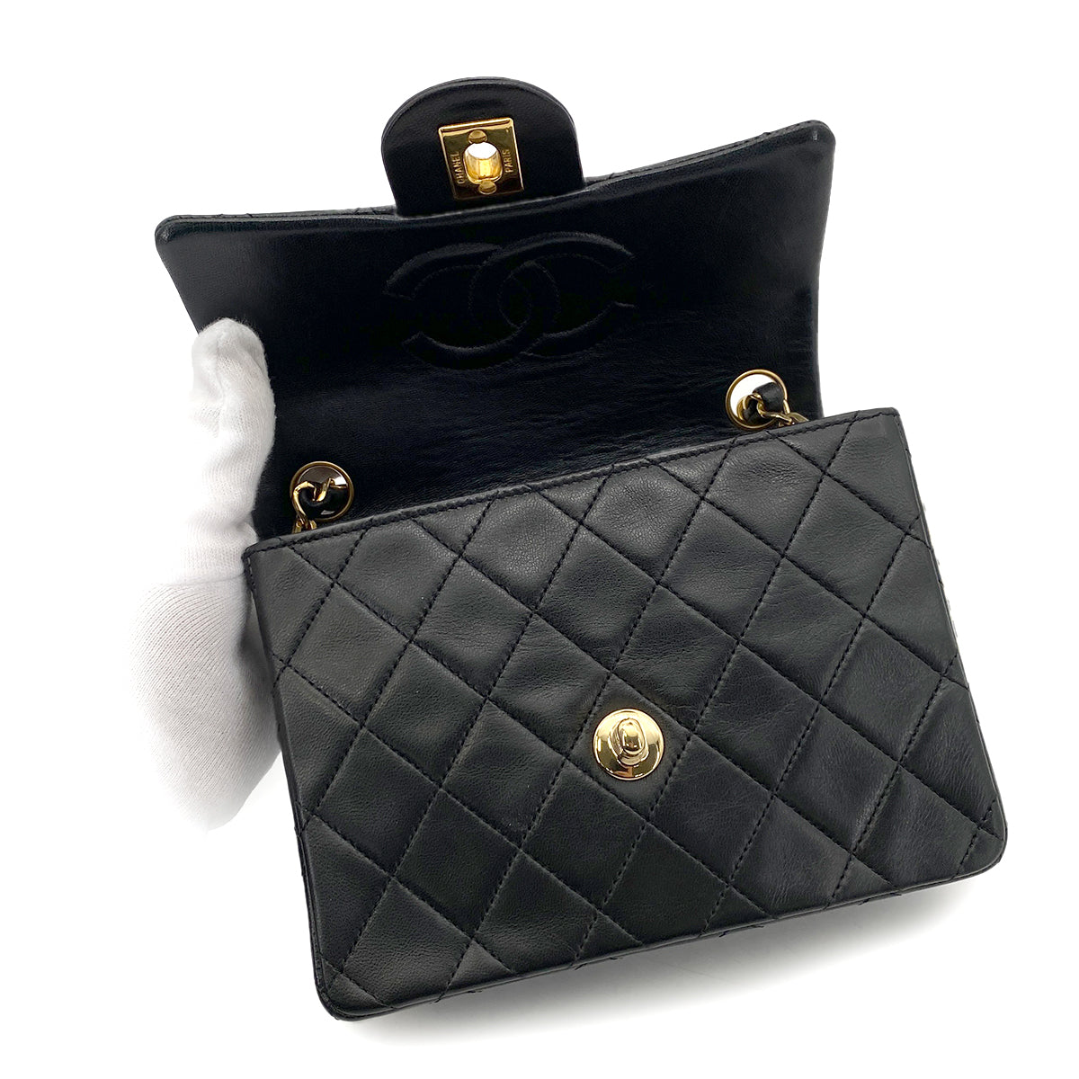 CHANEL VINTAGE MINI SQUARE 17 CHAIN SHOULDER BAG BLACK LAMB SKIN 90255930