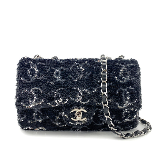 CHANEL SEQUINS CHAIN SHOULDER BAG BLACK SILVER SHW 90255947