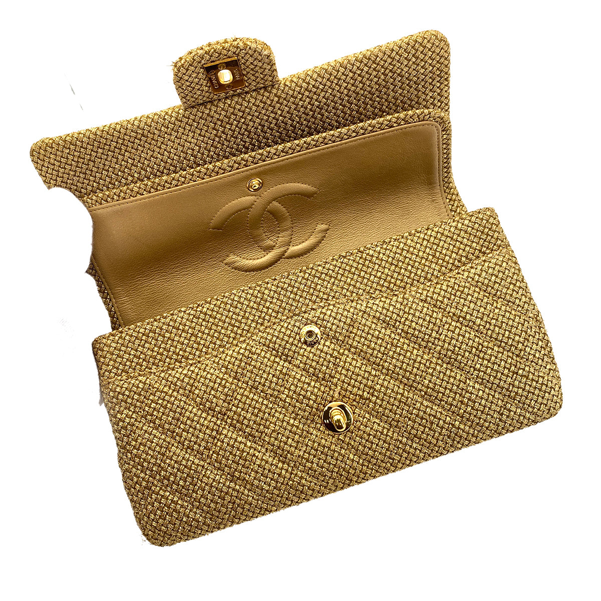 CHANEL VINTAGE CLASSIC FLAP MEDIUM CHAIN SHOULDER BAG TWEED GOLD 90255951