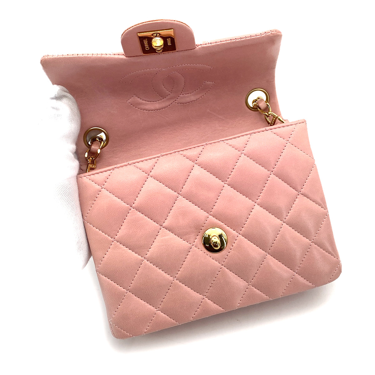 CHANEL VINTAGE MINI SQUARE 17 CHAIN SHOULDER BAG SAKURA PINK LAMB SKIN 90255963