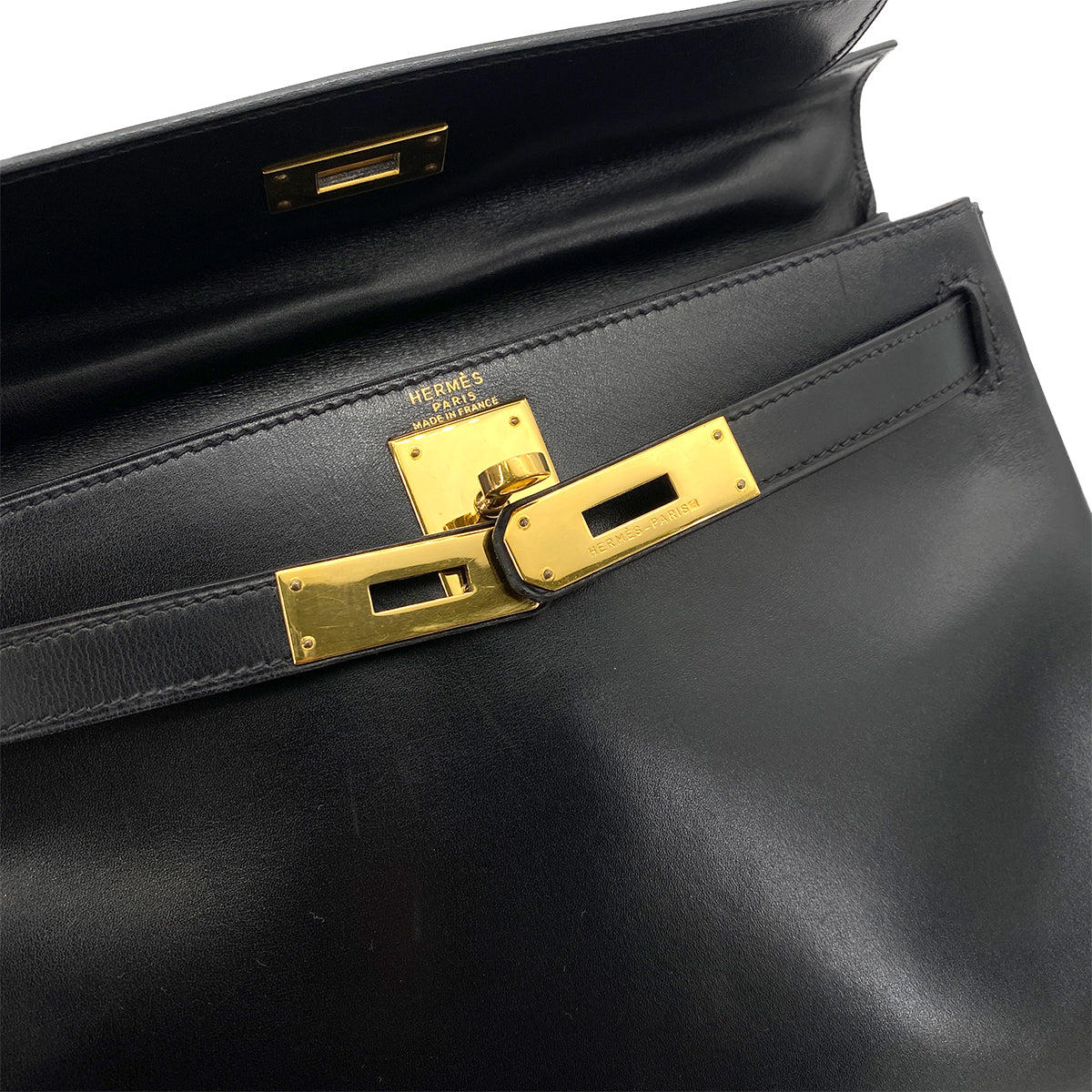 HERMES KELLY 28 RETOURNE BLACK BOXCALF HAND SHOULDER BAG 〇X GHW 90256414