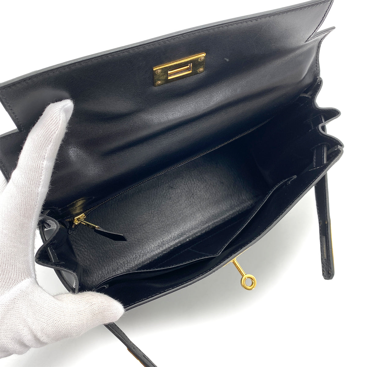 HERMES KELLY 28 RETOURNE BLACK BOXCALF HAND SHOULDER BAG 〇X GHW 90256414