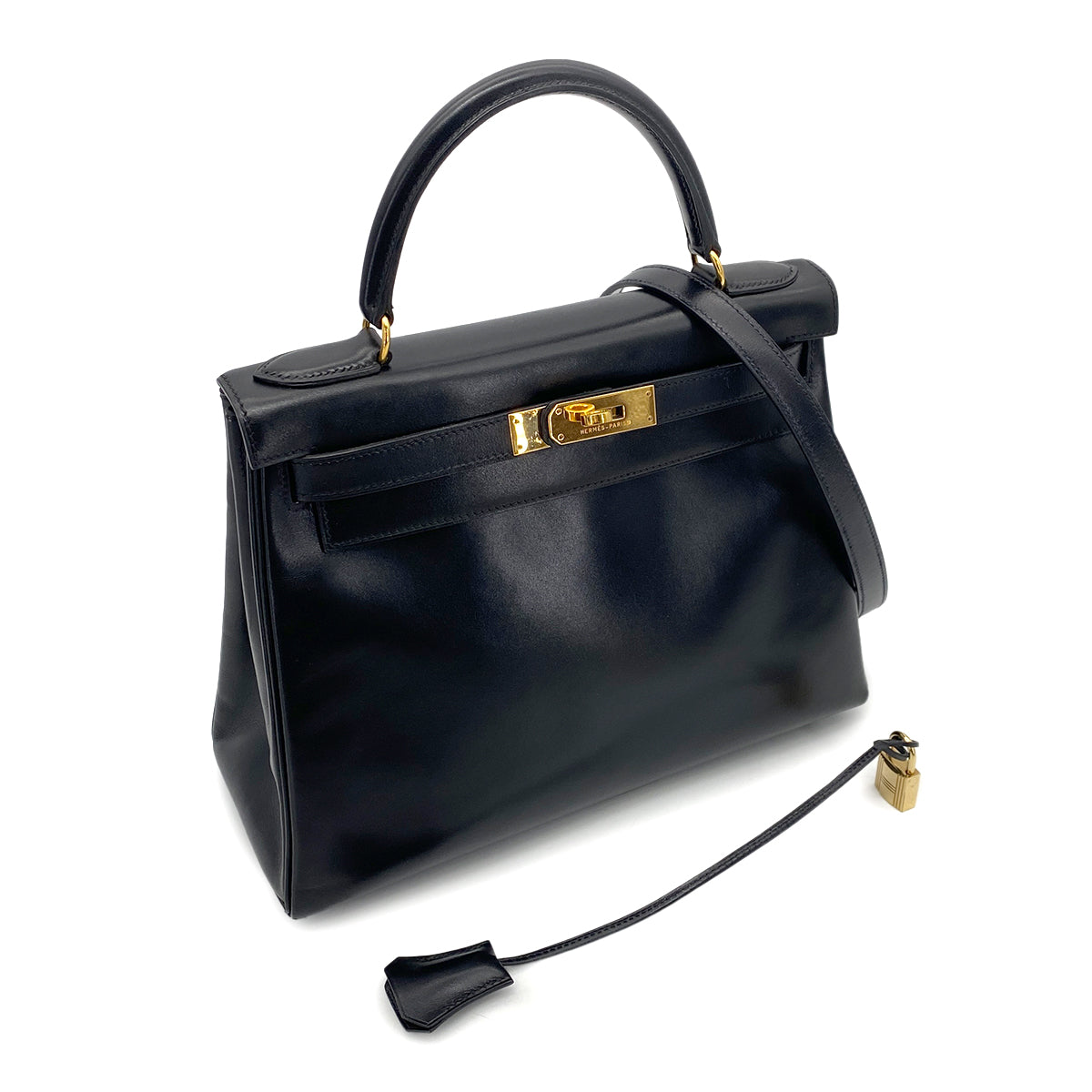 HERMES KELLY 28 RETOURNE BLACK BOXCALF HAND SHOULDER BAG 〇X GHW 90256414