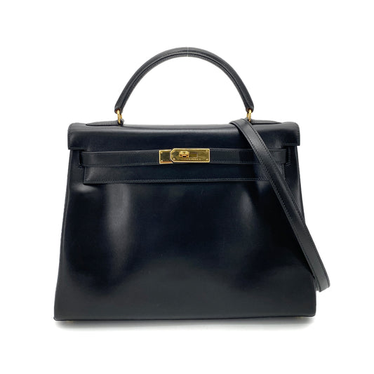 HERMES KELLY 32 RETOURNE BLACK BOXCALF HAND SHOULDER BAG 〇Y GHW 90256419