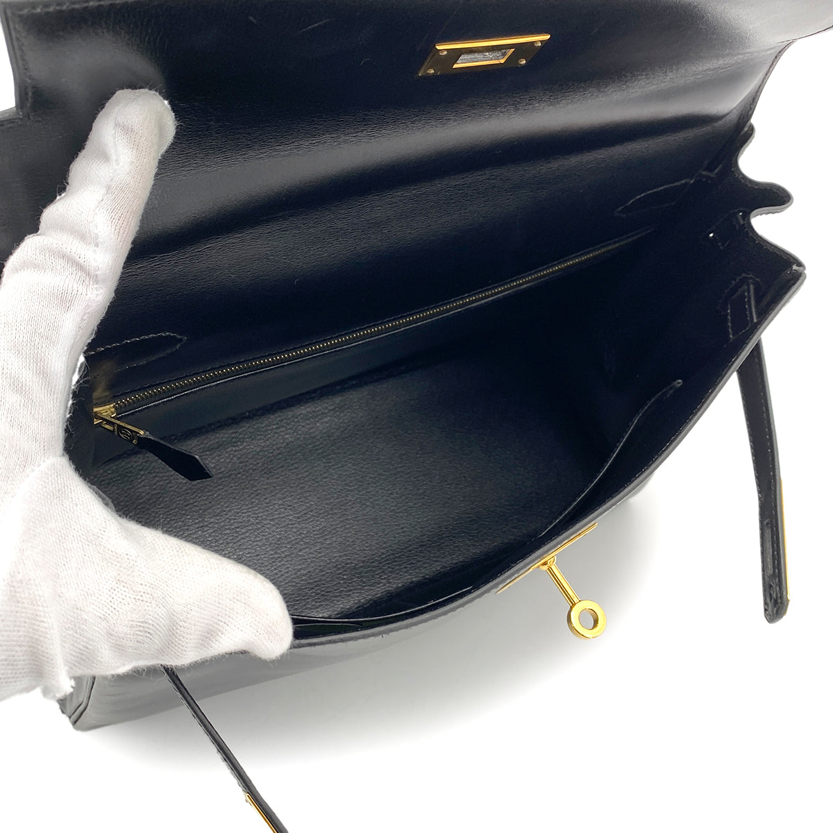 HERMES KELLY 32 RETOURNE BLACK BOXCALF HAND SHOULDER BAG 〇Y GHW 90256419