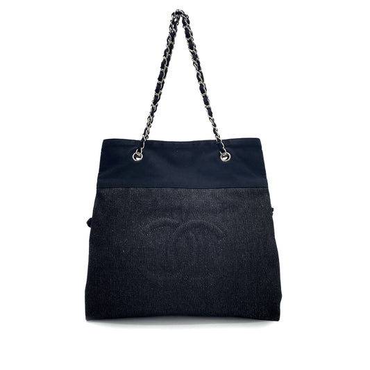 CHANEL VINTAGE CHAIN TOTE BAG BLACK CANVAS 90256433