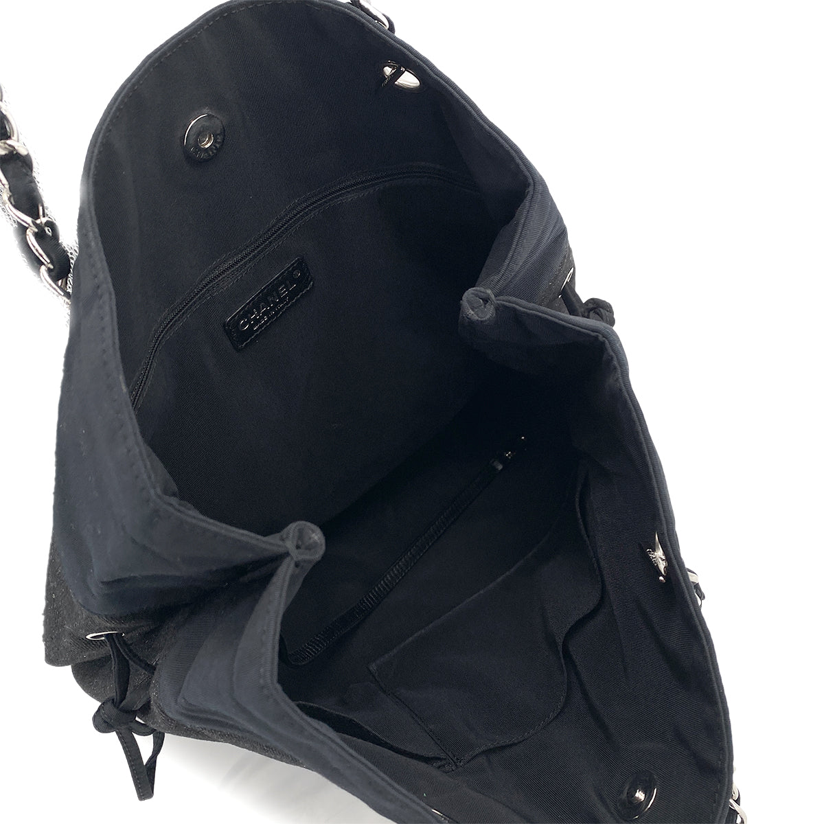 CHANEL VINTAGE CHAIN TOTE BAG BLACK CANVAS 90256433