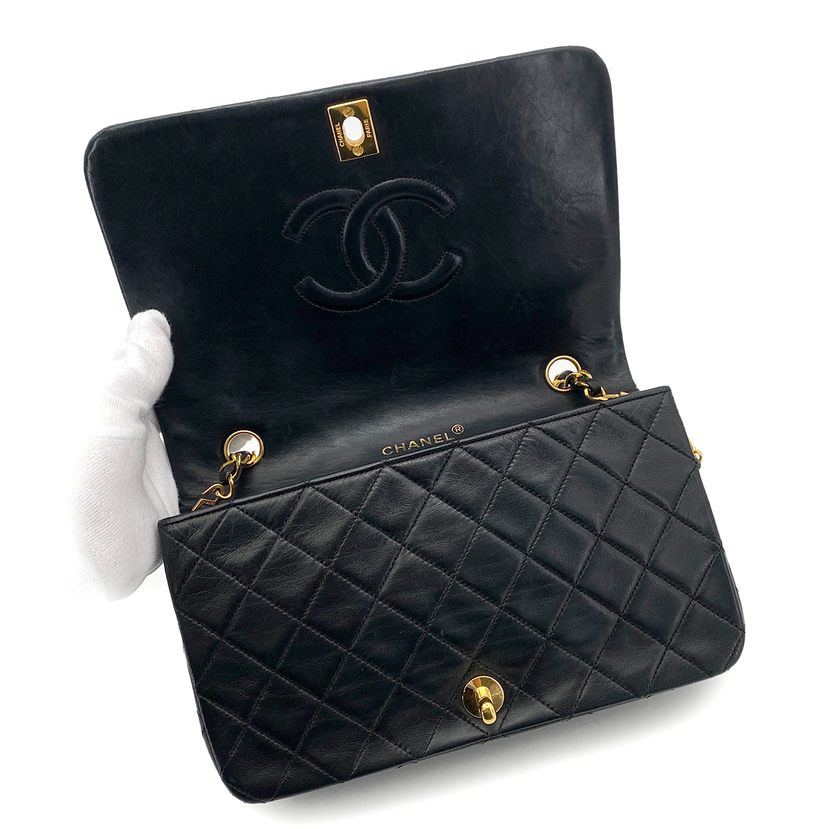 CHANEL VINTAGE FULL FLAP CHAIN SHOULDER BAG BLACK LAMB SKIN 90256453