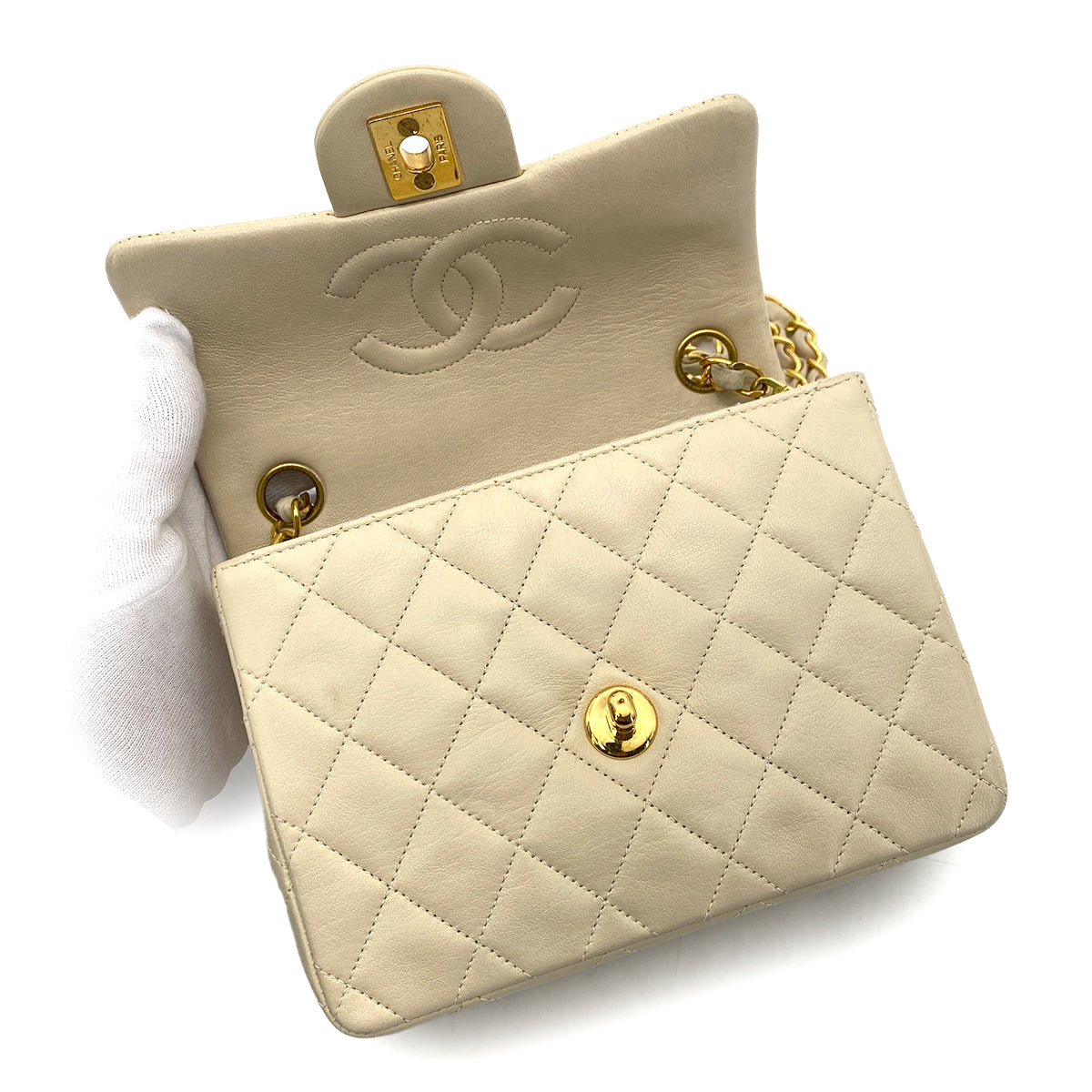 CHANEL VINTAGE MINI SQUARE 17 CHAIN SHOULDER BAG BEIGE LAMB SKIN 90256454