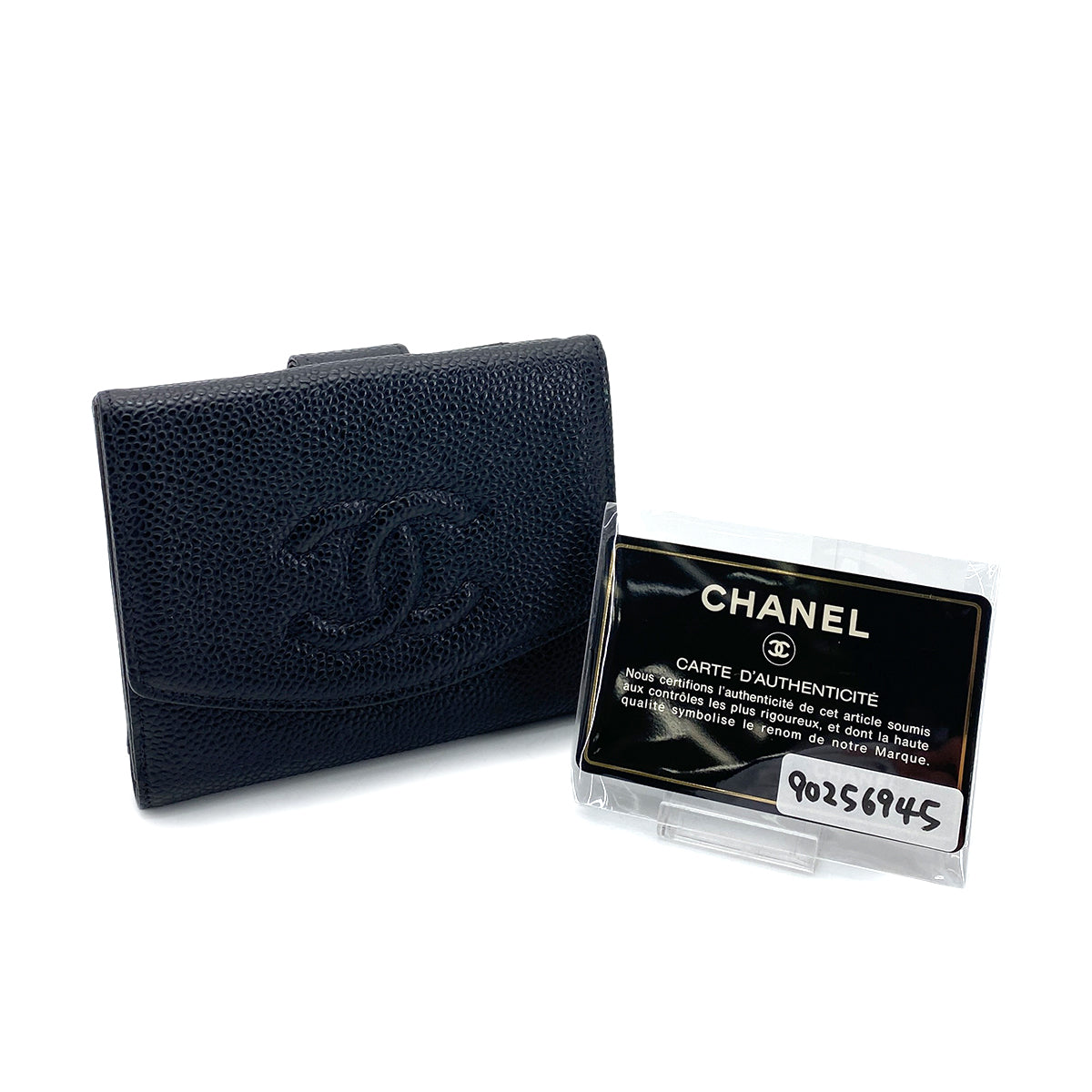 CHANEL VINTAGE BIFOLD COMPACT WALLET BLACK CAVIAR SKIN 90256945