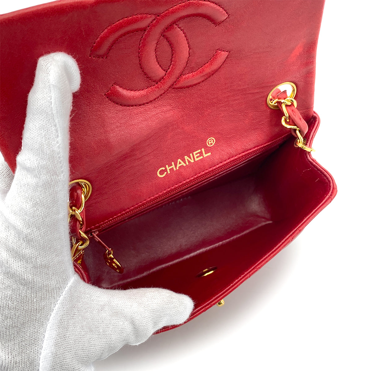 CHANEL VINTAGE MINI SQUARE 17 CHAIN SHOULDER BAG RED LAMB SKIN 90257293