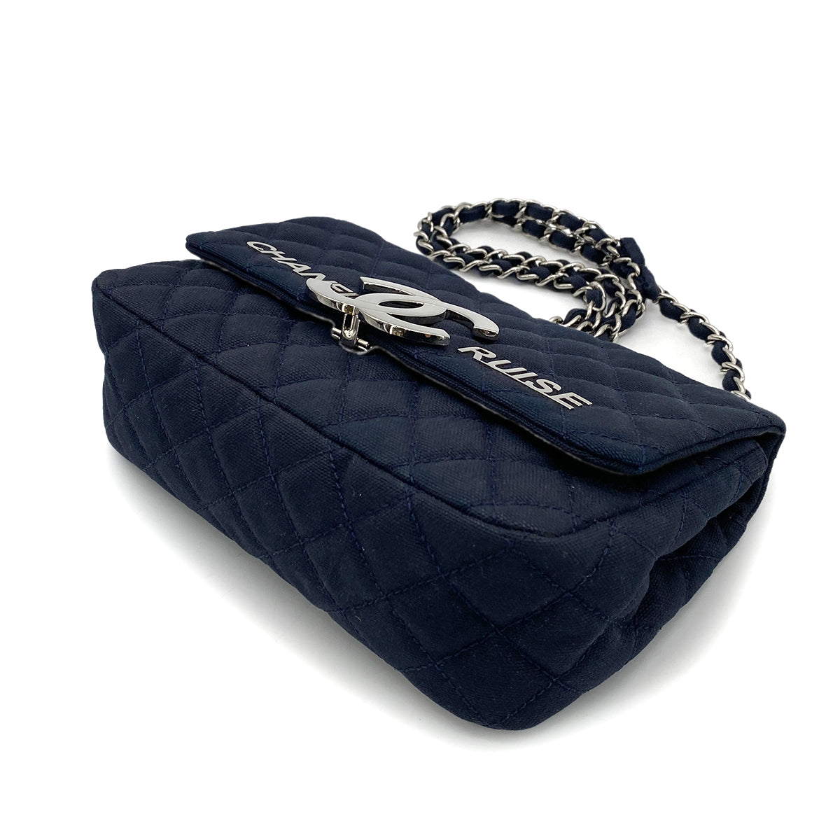 CHANEL VINTAGE CRUISE LINE CHAIN SHOULDER BAG NAVY CANVAS 90257309