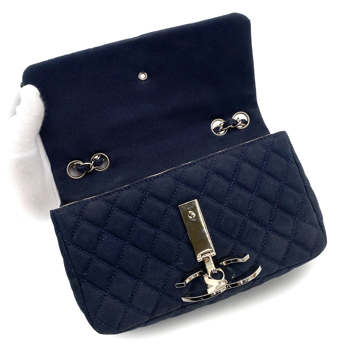 CHANEL VINTAGE CRUISE LINE CHAIN SHOULDER BAG NAVY CANVAS 90257309