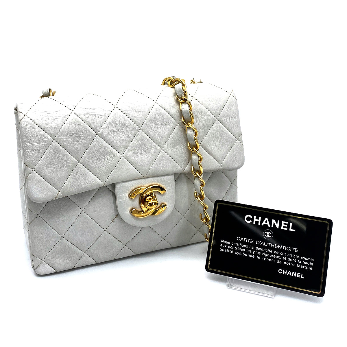 CHANEL VINTAGE MINI SQUARE 17 CHAIN SHOULDER BAG WHITE LAMB SKIN 90258056