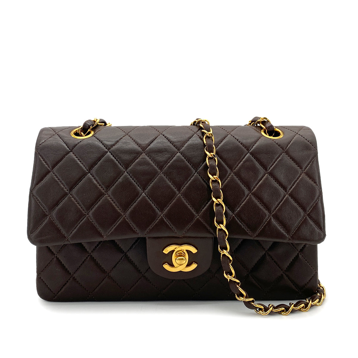 CHANEL VINTAGE CLASSIC FLAP MEDIUM CHAIN SHOULDER BAG BROWN LAMB SKIN 90258057