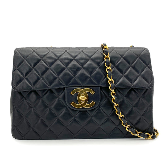CHANEL VINTAGE MAXI MATELASSE 34 CHAIN SHOULDER BAG BLACK LAMB SKIN 90258113