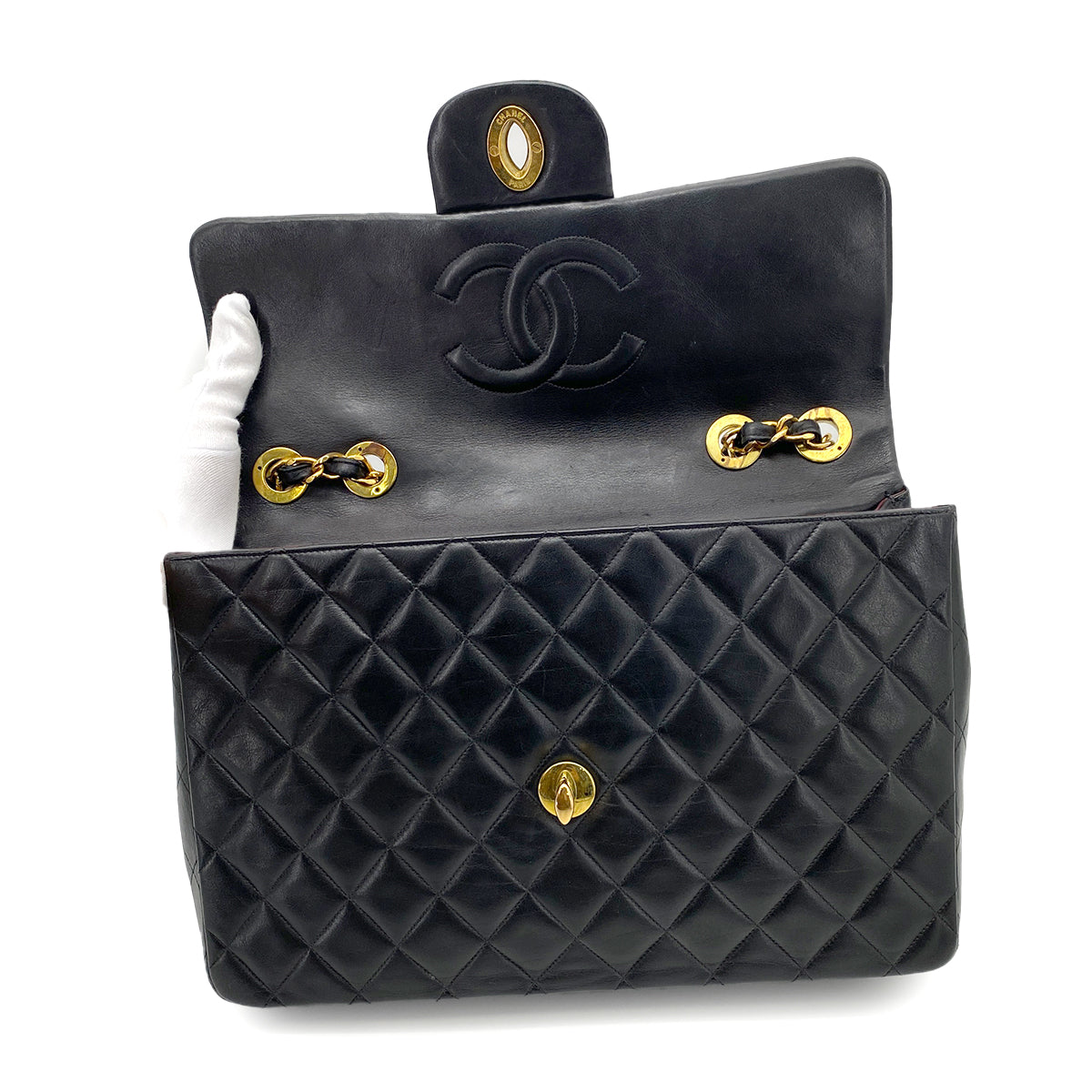 CHANEL VINTAGE MAXI MATELASSE 34 CHAIN SHOULDER BAG BLACK LAMB SKIN 90258113