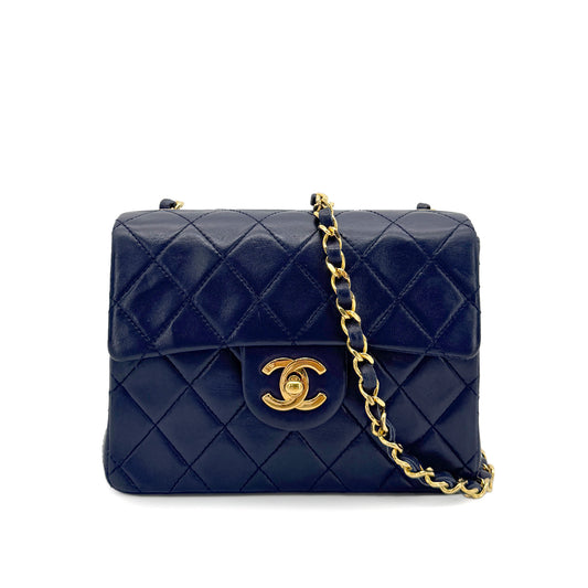 CHANEL VINTAGE MINI SQUARE 17 CHAIN SHOULDER BAG NAVY LAMB SKIN 90258120