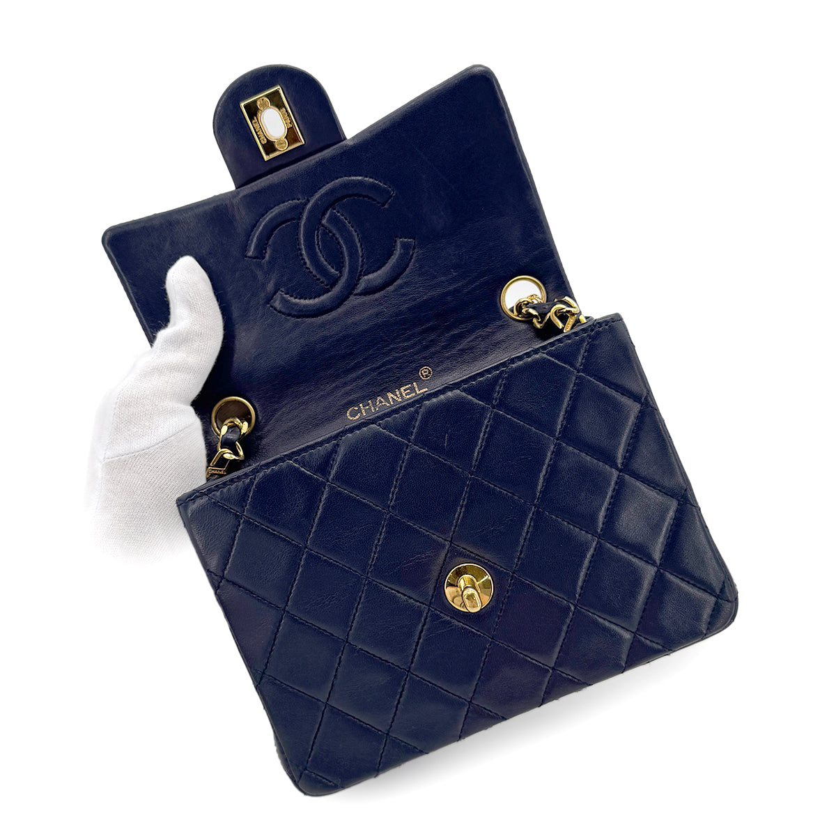 CHANEL VINTAGE MINI SQUARE 17 CHAIN SHOULDER BAG NAVY LAMB SKIN 90258120