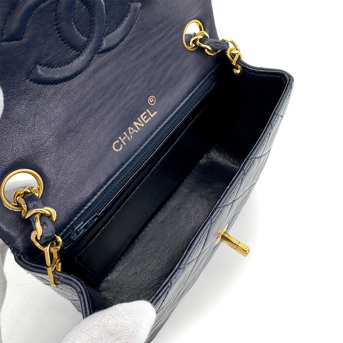 CHANEL VINTAGE MINI SQUARE 17 CHAIN SHOULDER BAG NAVY LAMB SKIN 90258120