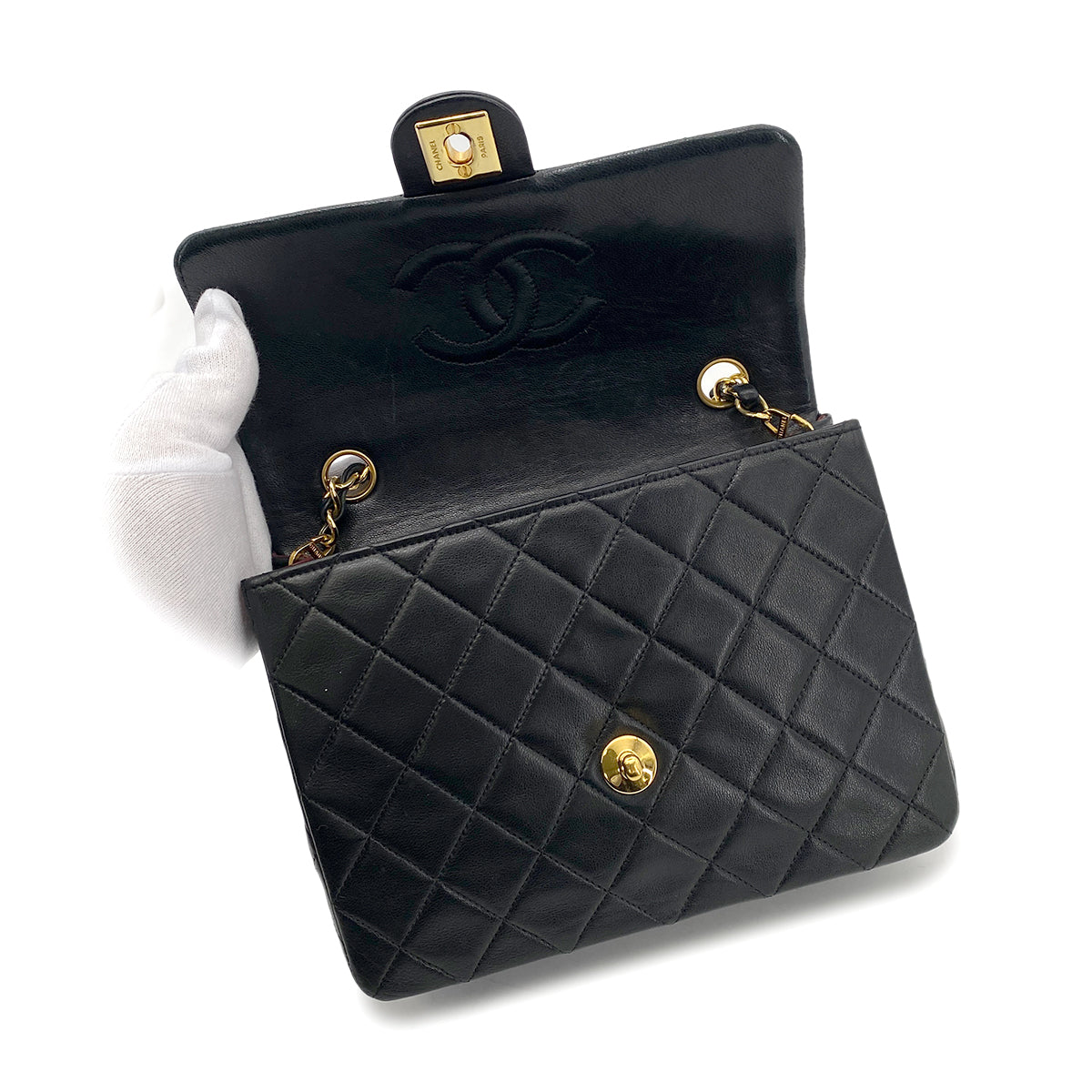 CHANEL VINTAGE MINI SQUARE 20 CHAIN SHOULDER BAG BLACK LAMB SKIN 90258470