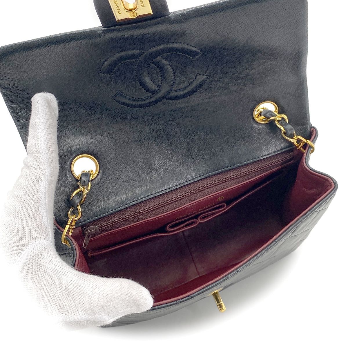 CHANEL VINTAGE MINI SQUARE 20 CHAIN SHOULDER BAG BLACK LAMB SKIN 90258470