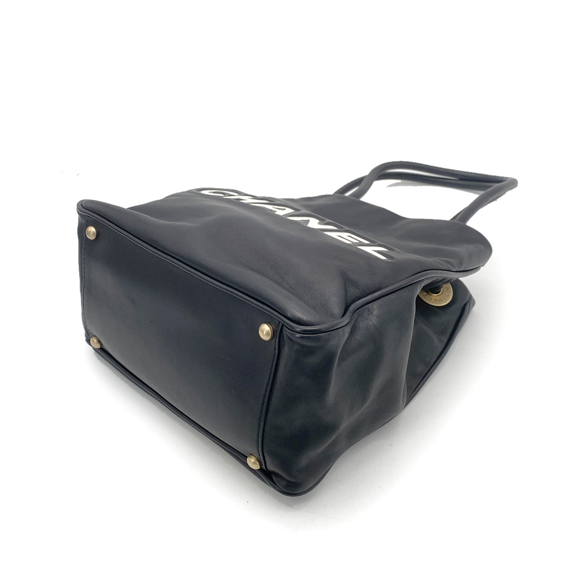 CHANEL VINTAGE  CAMELLIA LOGO TOTE BAG BLACK LAMB SKIN 90258471