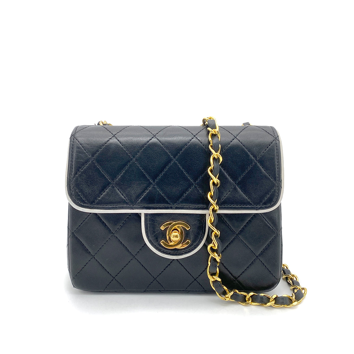 CHANEL VINTAGE MINI SQUARE 17 CHAIN SHOULDER BAG BLACK WHITE LAMB SKIN 90258474