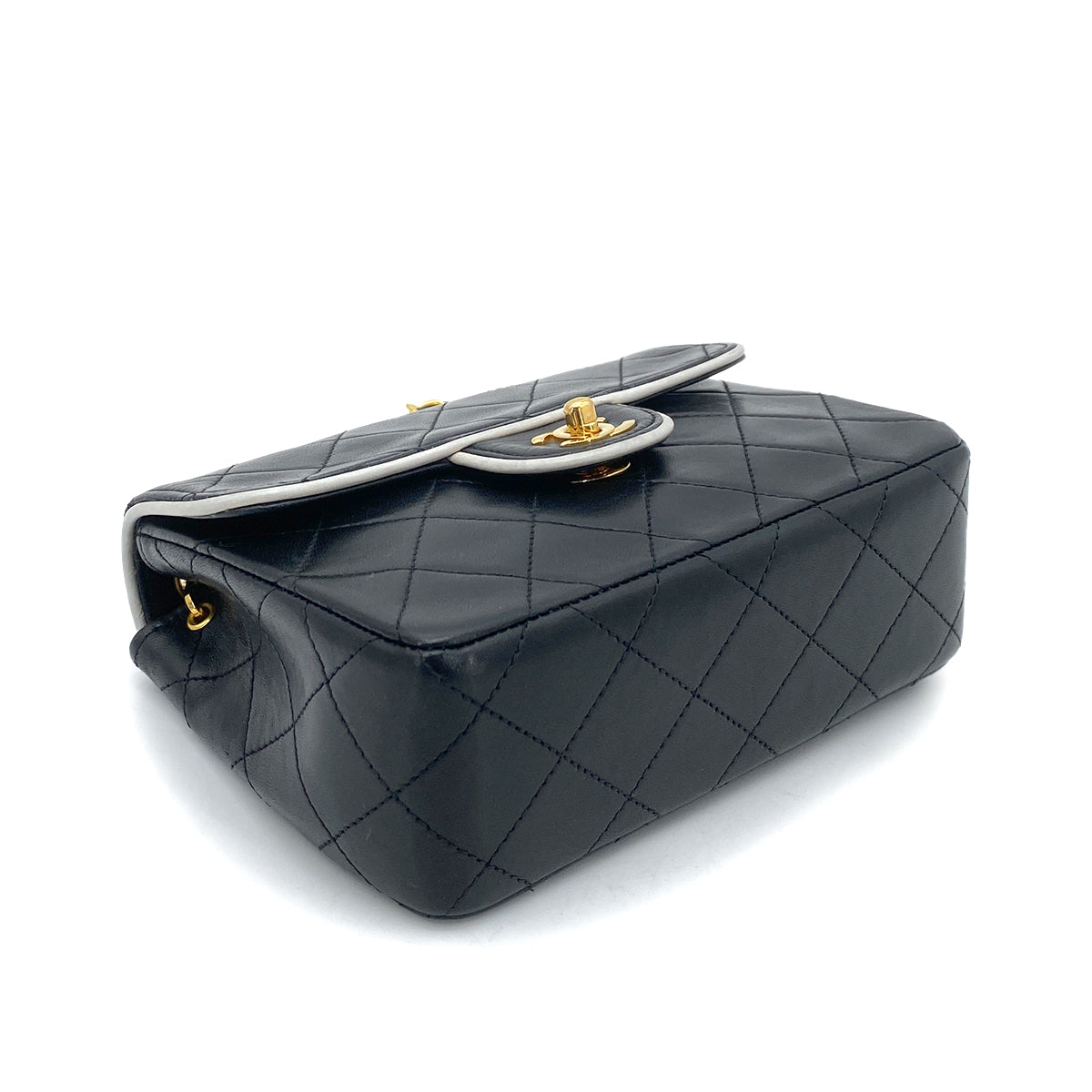 CHANEL VINTAGE MINI SQUARE 17 CHAIN SHOULDER BAG BLACK WHITE LAMB SKIN 90258474