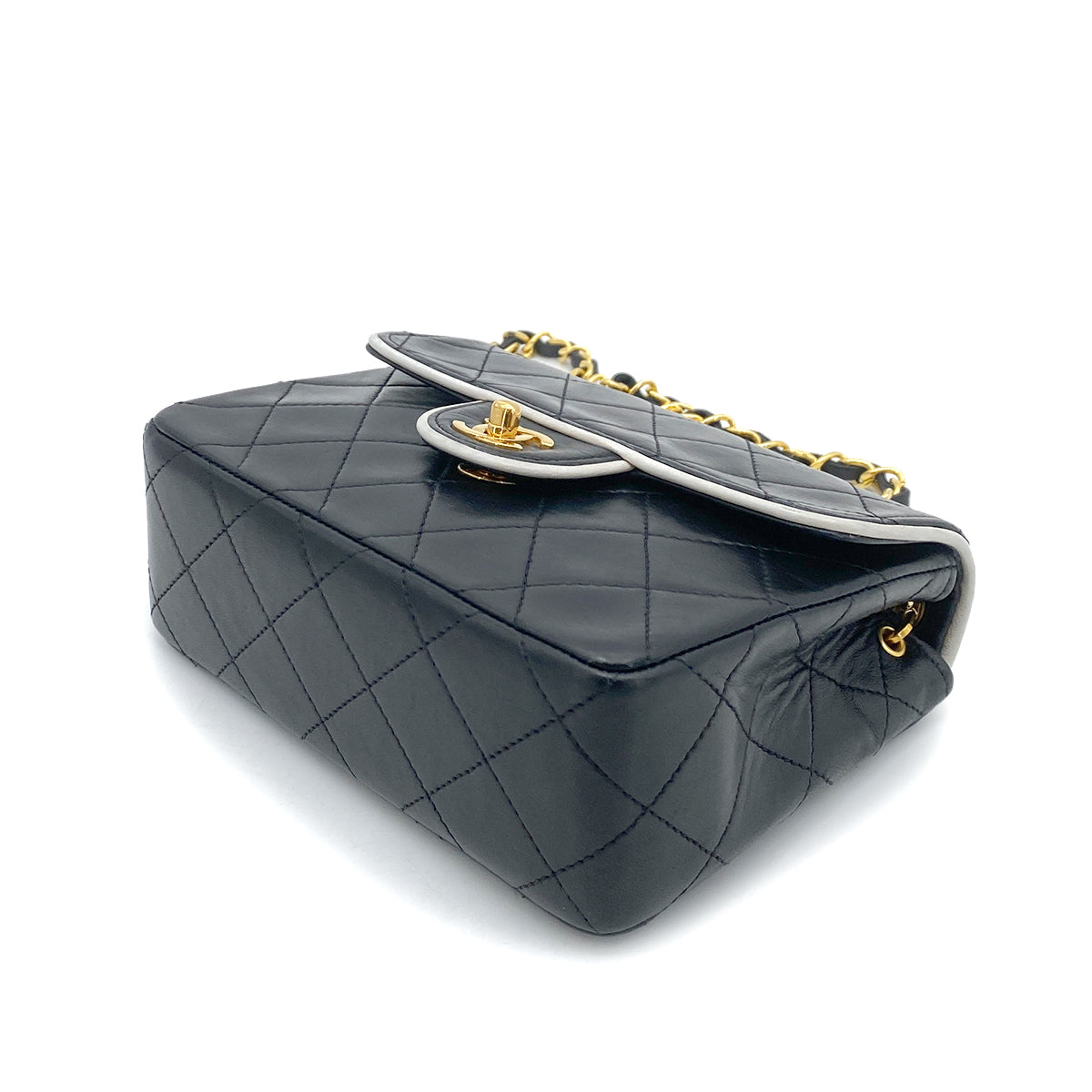 CHANEL VINTAGE MINI SQUARE 17 CHAIN SHOULDER BAG BLACK WHITE LAMB SKIN 90258474