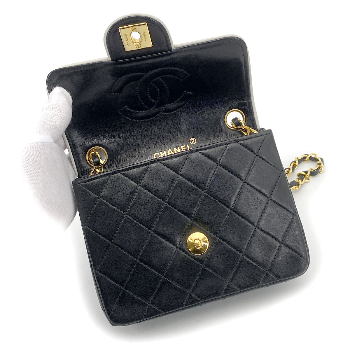 CHANEL VINTAGE MINI SQUARE 17 CHAIN SHOULDER BAG BLACK WHITE LAMB SKIN 90258474