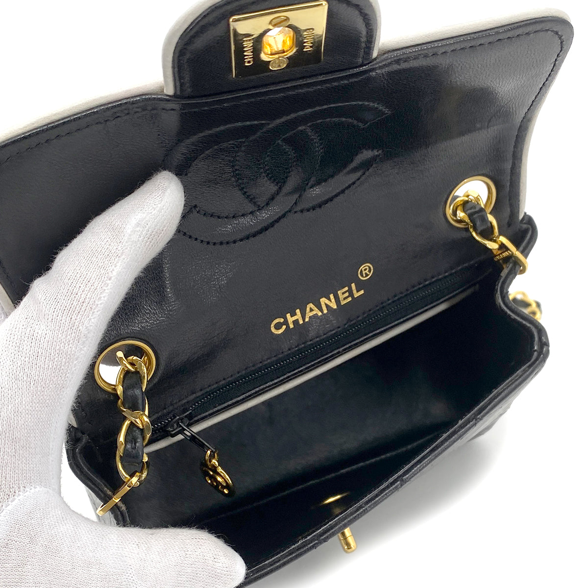 CHANEL VINTAGE MINI SQUARE 17 CHAIN SHOULDER BAG BLACK WHITE LAMB SKIN 90258474