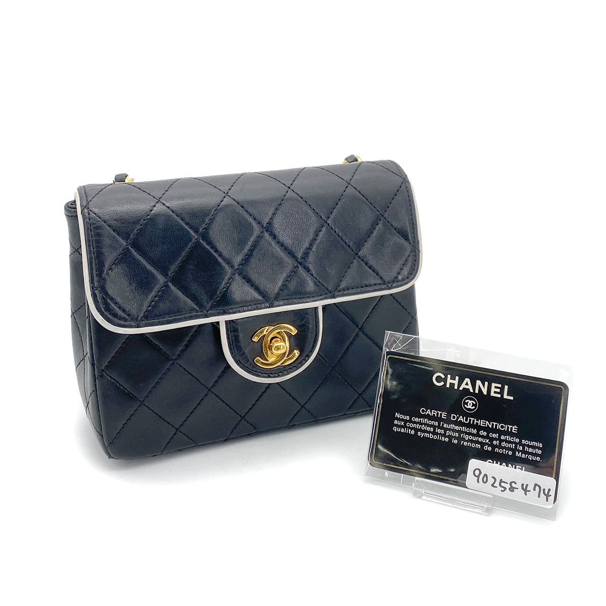 CHANEL VINTAGE MINI SQUARE 17 CHAIN SHOULDER BAG BLACK WHITE LAMB SKIN 90258474