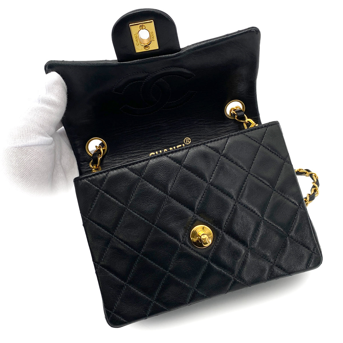 CHANEL VINTAGE MINI SQUARE 17 CHAIN SHOULDER BAG BLACK LAMB SKIN 90258487