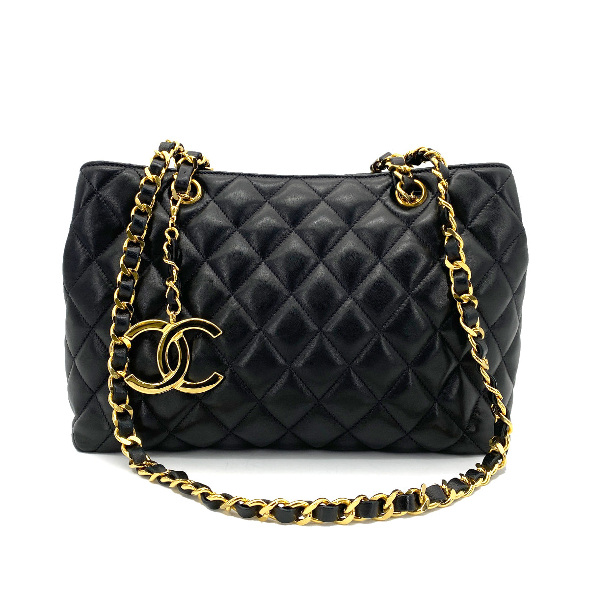 CHANEL VINTAGE DOUBLE CHAIN SHOULDER TOTE BAG BLACK LAMB SKIN 90258500