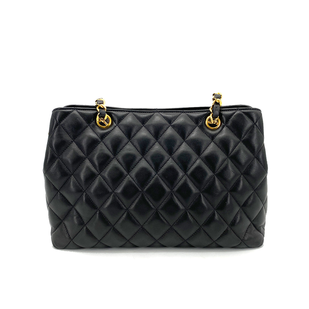 CHANEL VINTAGE DOUBLE CHAIN SHOULDER TOTE BAG BLACK LAMB SKIN 90258500