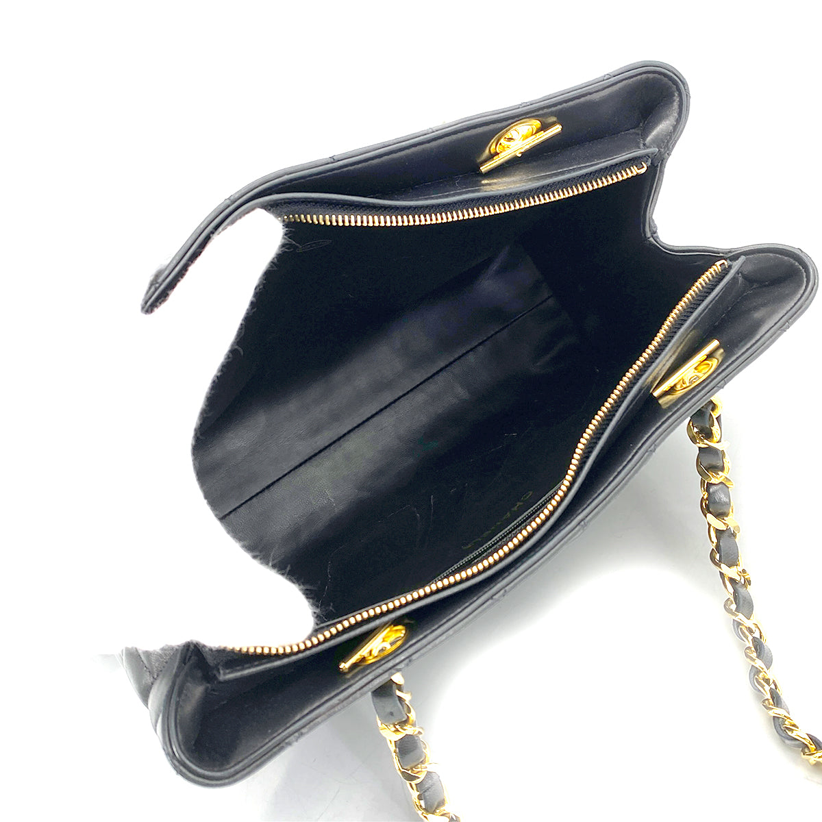 CHANEL VINTAGE DOUBLE CHAIN SHOULDER TOTE BAG BLACK LAMB SKIN 90258500