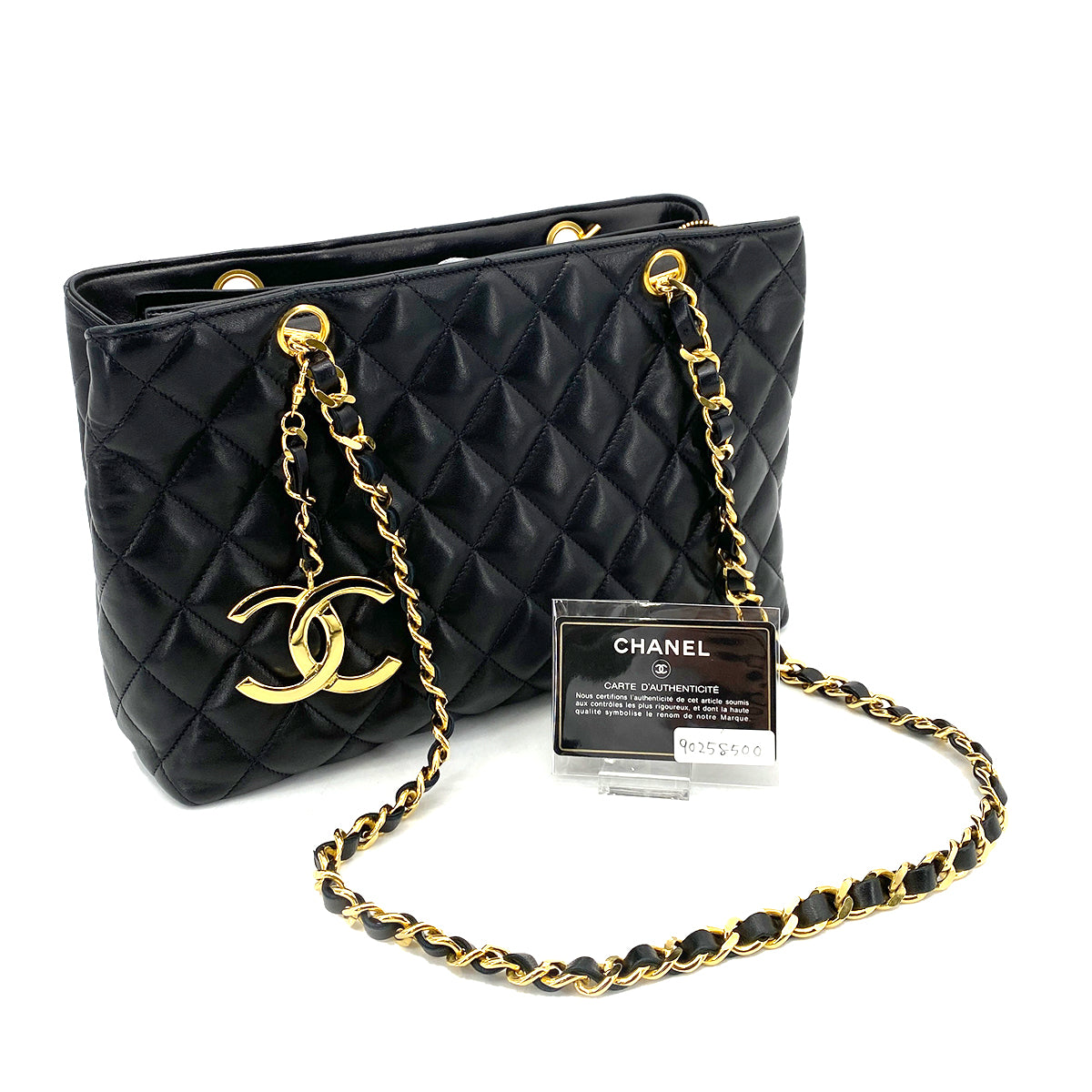 CHANEL VINTAGE DOUBLE CHAIN SHOULDER TOTE BAG BLACK LAMB SKIN 90258500