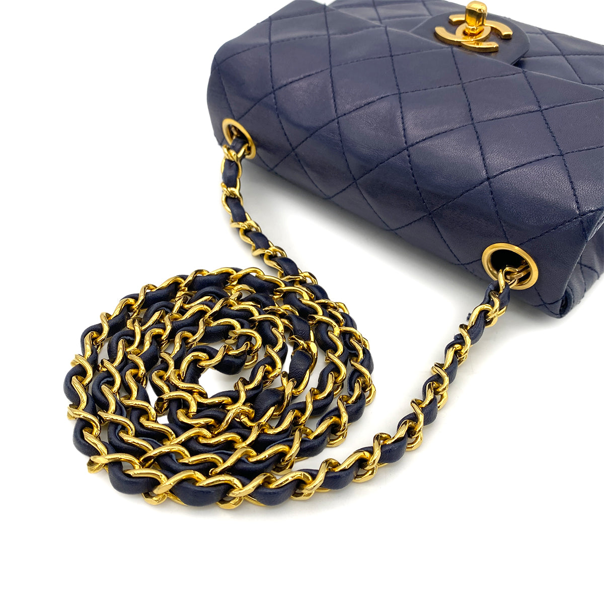 CHANEL VINTAGE MINI SQUARE 17 CHAIN SHOULDER BAG NAVY LAMB SKIN 90258506