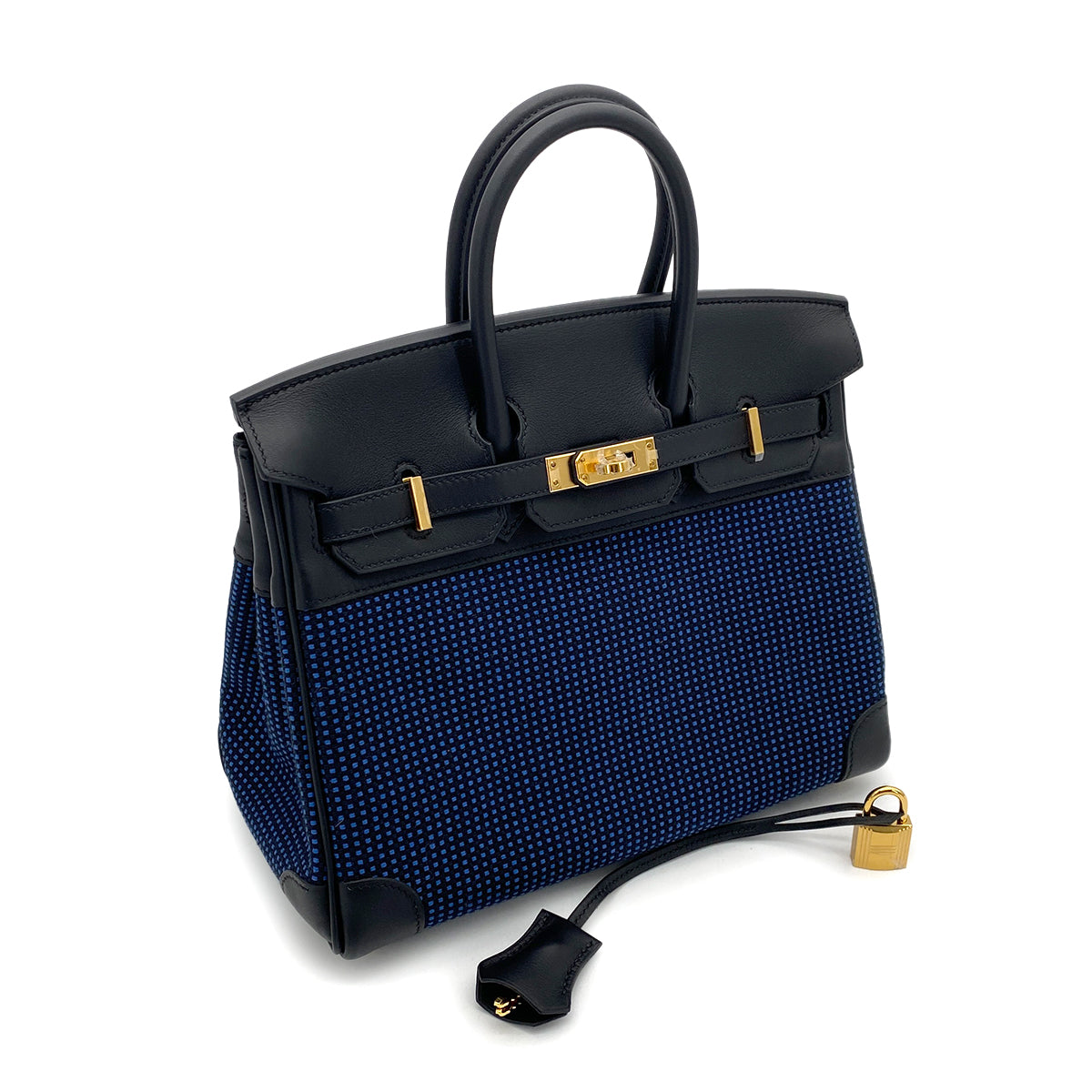 HERMES BIRKIN 25 NOIR NAVY TOILE QUADRILLE SWIFT HAND BAG W GHW 90258510