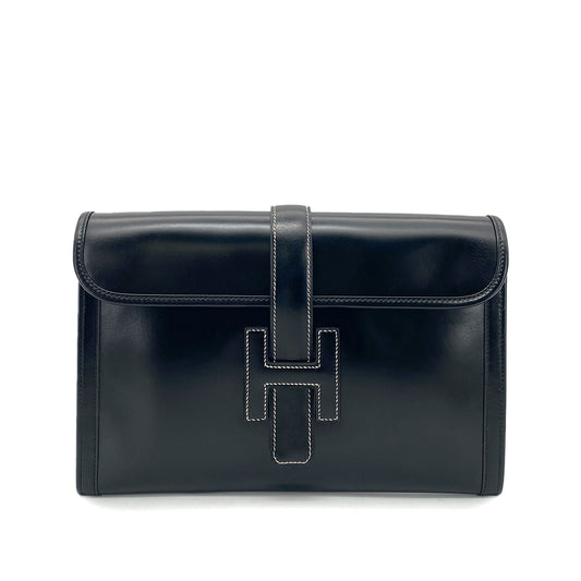HERMES JIGE CLUTCH BAG BLACK BOXCALF 〇R 90258516