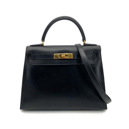 HERMES KELLY 28 SELLIER BLACK BOXCALF HAND SHOULDER BAG □A GHW 90258519