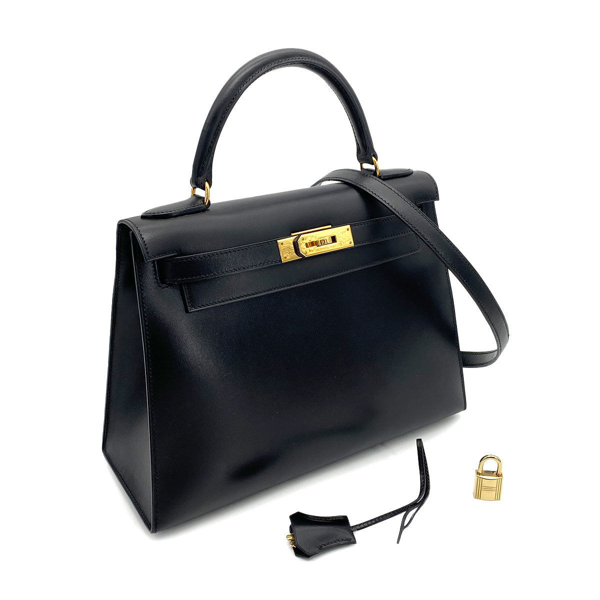HERMES KELLY 28 SELLIER BLACK BOXCALF HAND SHOULDER BAG □A GHW 90258519
