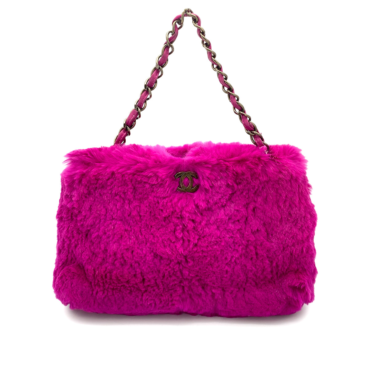 CHANEL VINTAGE CHAIN HAND BAG PINK RABBIT FUR 90258810