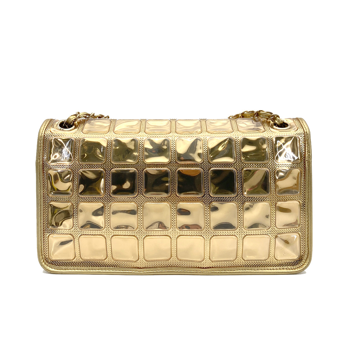 CHANEL VINTAGE ICE CUBE CHAIN SHOULDER BAG GOLD VINYL LAMB SKIN 90258815
